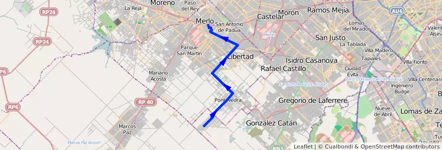 Mapa del recorrido Merlo-B. 20 de Junio de la línea 297 en Partido de Merlo.
