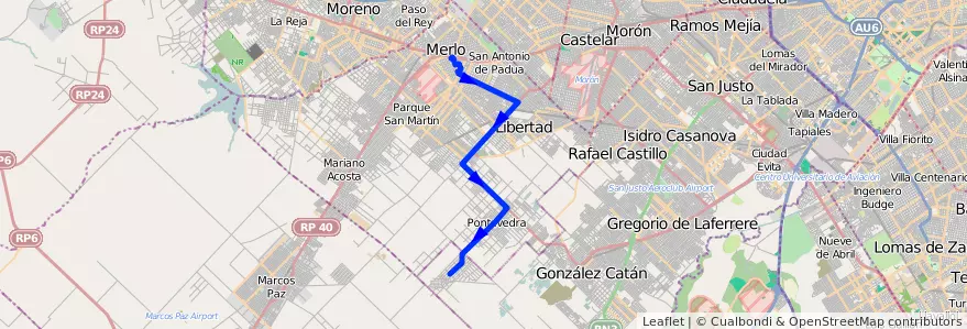 Mapa del recorrido Merlo-B. 20 de Junio de la línea 297 en Partido de Merlo.