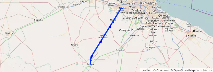 Mapa del recorrido Merlo-Lobos de la línea Ferrocarril Domingo Faustino Sarmiento en Buenos Aires.