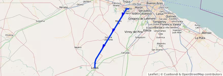 Mapa del recorrido Merlo-Lobos de la línea Ferrocarril Domingo Faustino Sarmiento en Provinz Buenos Aires.