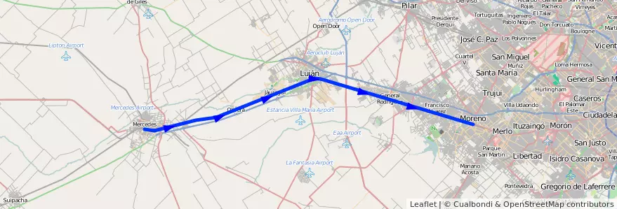Mapa del recorrido Moreno-Mercedes de la línea Ferrocarril Domingo Faustino Sarmiento en Буэнос-Айрес.