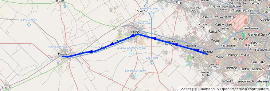 Mapa del recorrido Moreno-Mercedes de la línea Ferrocarril Domingo Faustino Sarmiento en 부에노스아이레스주.