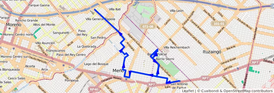 Mapa del recorrido Moreno-Merlo de la línea 329 en Partido de Merlo.