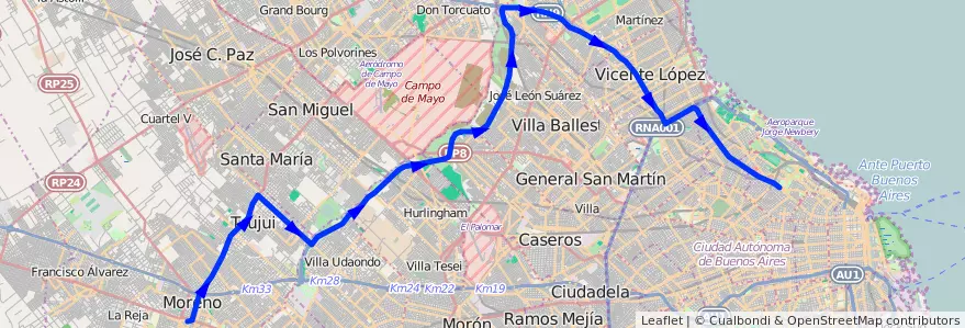 Mapa del recorrido Moreno x ex av. Roca de la línea 57 en استان بوئنوس آیرس.