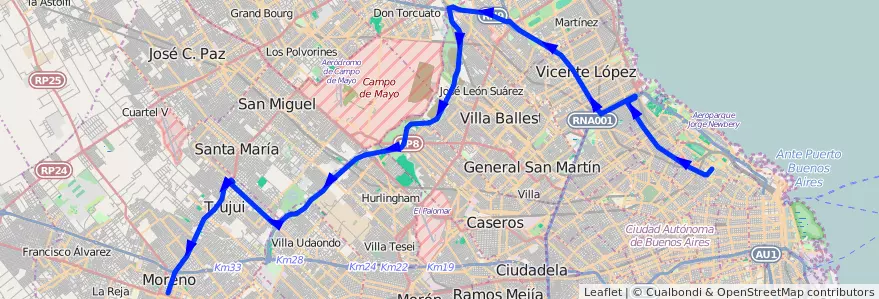 Mapa del recorrido Moreno x ex av. Roca de la línea 57 en Provincia di Buenos Aires.