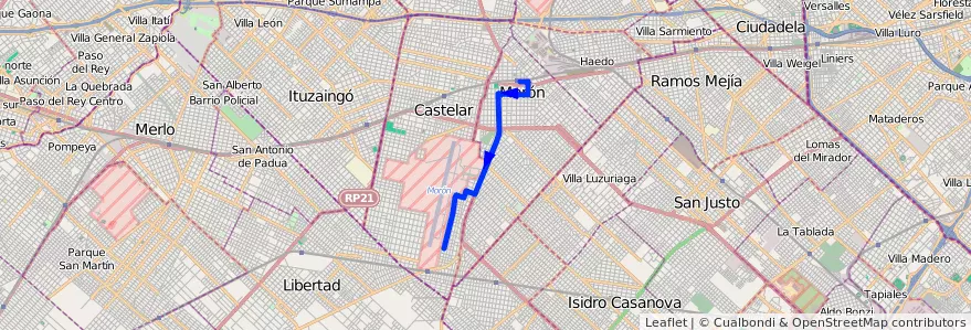 Mapa del recorrido Moron-Achaga de la línea 236 en Partido de Morón.