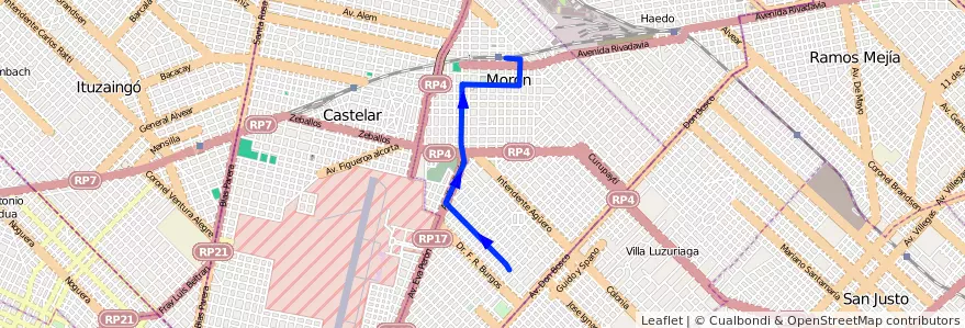 Mapa del recorrido Moron-Alessandri de la línea 236 en Morón.