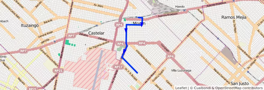 Mapa del recorrido Moron-Alessandri de la línea 236 en Morón.