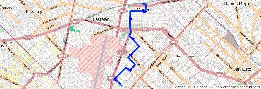Mapa del recorrido Moron-Belgrano de la línea 236 en Morón.