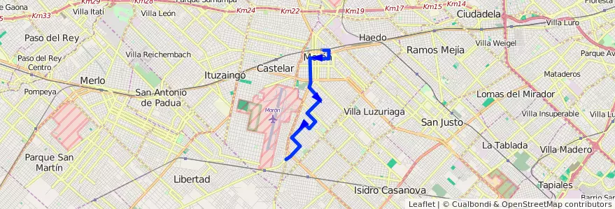 Mapa del recorrido Moron-Belgrano de la línea 236 en Morón.
