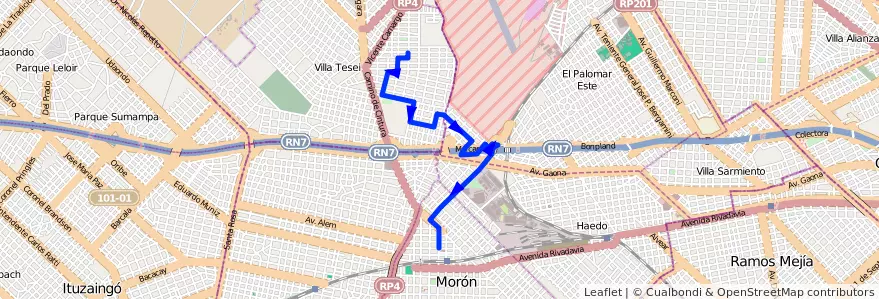 Mapa del recorrido Moron-B.Gaona de la línea 443 en Provincia di Buenos Aires.