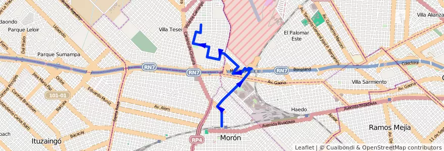 Mapa del recorrido Moron-B.Gaona de la línea 443 en Province de Buenos Aires.