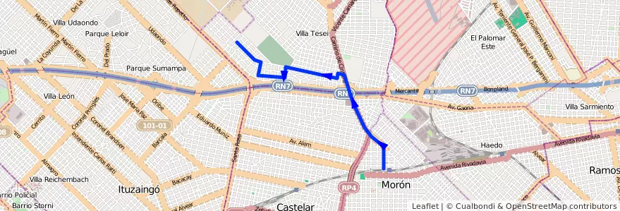 Mapa del recorrido Moron-Ctrio.Parque de la línea 443 en Provincia di Buenos Aires.