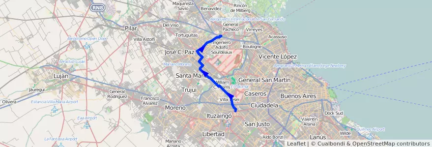 Mapa del recorrido Moron-El Talar de la línea 303 en Province de Buenos Aires.