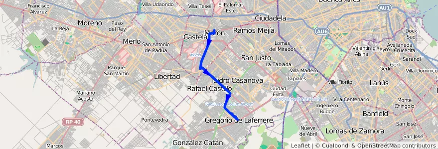 Mapa del recorrido Moron-Laferrere de la línea 236 en Буэнос-Айрес.