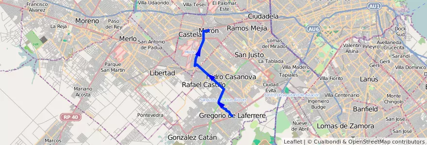 Mapa del recorrido Moron-Laferrere de la línea 236 en Buenos Aires.