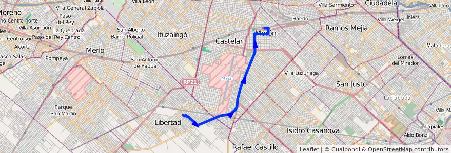 Mapa del recorrido Moron-Los Aromos de la línea 236 en Buenos Aires.