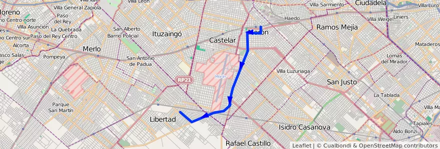 Mapa del recorrido Moron-Los Aromos de la línea 236 en 부에노스아이레스주.