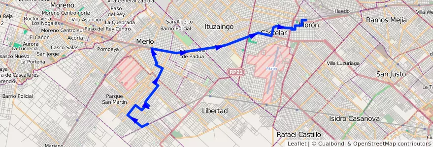 Mapa del recorrido Moron-Merlo de la línea 392 en Provincia di Buenos Aires.