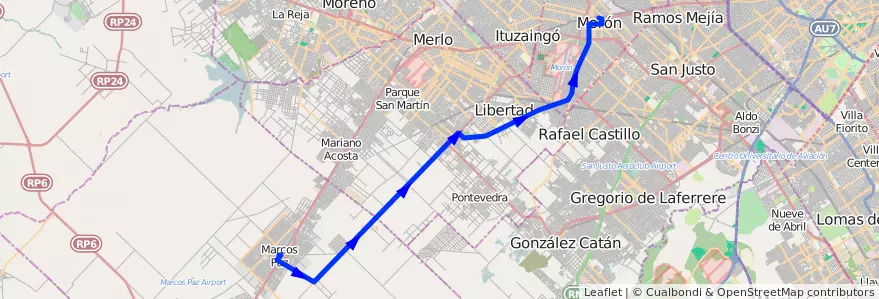 Mapa del recorrido Moron-M.Paz de la línea 236 en Provincia di Buenos Aires.