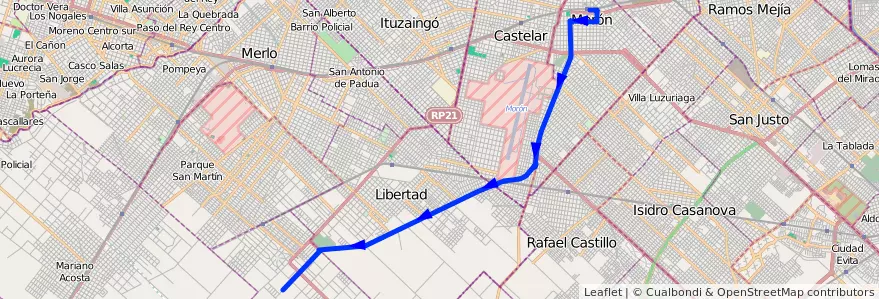 Mapa del recorrido Moron-M.Paz de la línea 236 en Buenos Aires.