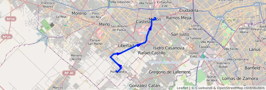 Mapa del recorrido Moron-Pontevedra de la línea 236 en Buenos Aires.
