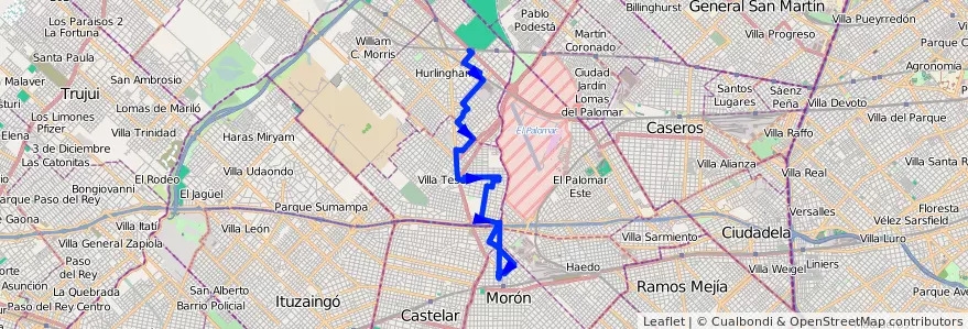 Mapa del recorrido Moron-Ruben Dario de la línea 443 en Provincia di Buenos Aires.