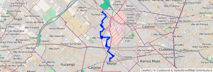 Mapa del recorrido Moron-Ruben Dario de la línea 443 en Provincia di Buenos Aires.