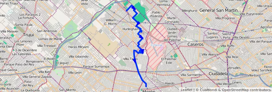 Mapa del recorrido Moron-Villa Club de la línea 443 en Partido de Hurlingham.