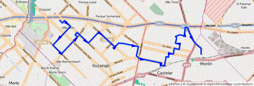 Mapa del recorrido Moron-Villa Leon de la línea 443 en Buenos Aires.