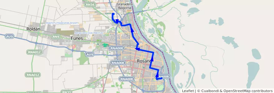 Mapa del recorrido  Necochea de la línea 107 en Rosario.