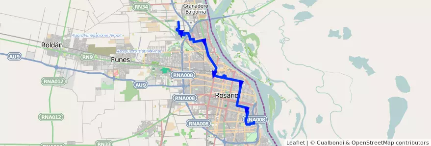 Mapa del recorrido  Necochea de la línea 107 en Rosário.