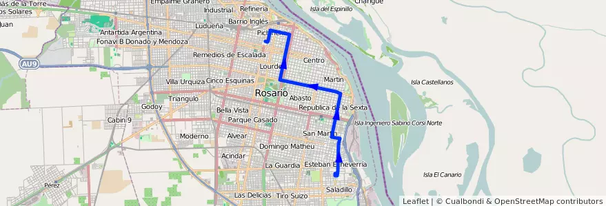 Mapa del recorrido  Negra de la línea 144 en Rosário.