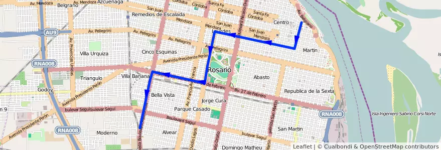 Mapa del recorrido  Negra de la línea 126 en Rosario.