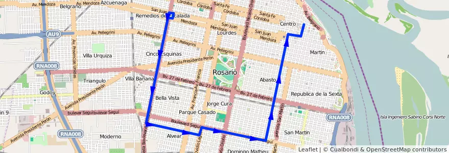 Mapa del recorrido  Negra de la línea 128 en Росарио.