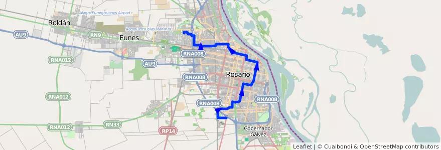 Mapa del recorrido  Negra de la línea 112 en Rosario.