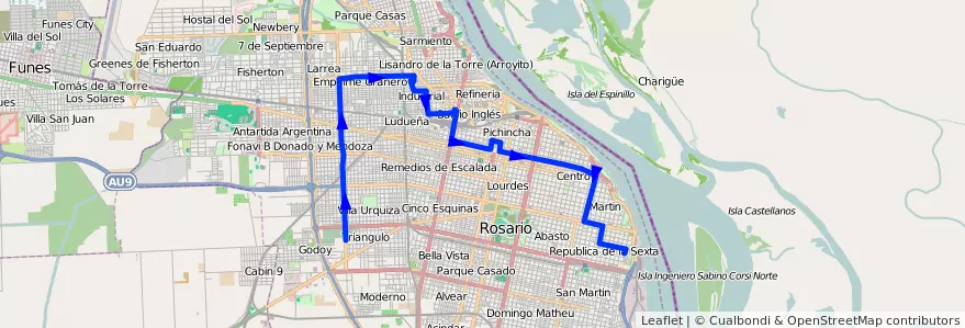 Mapa del recorrido  Negra de la línea 101 en Rosario.