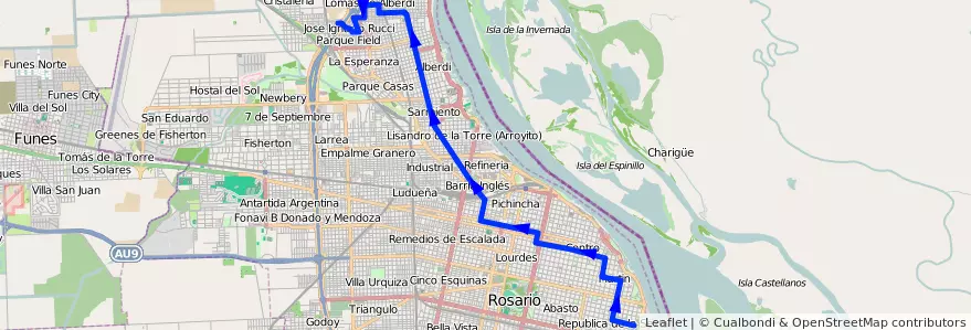 Mapa del recorrido  Negra de la línea 102 en Росарио.