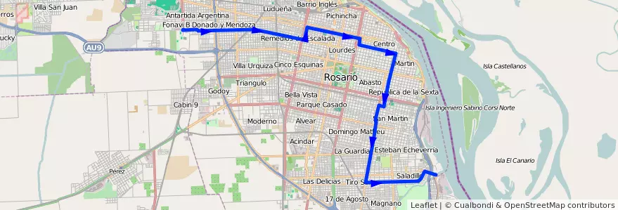 Mapa del recorrido  Negra de la línea 142 en ロサリオ.