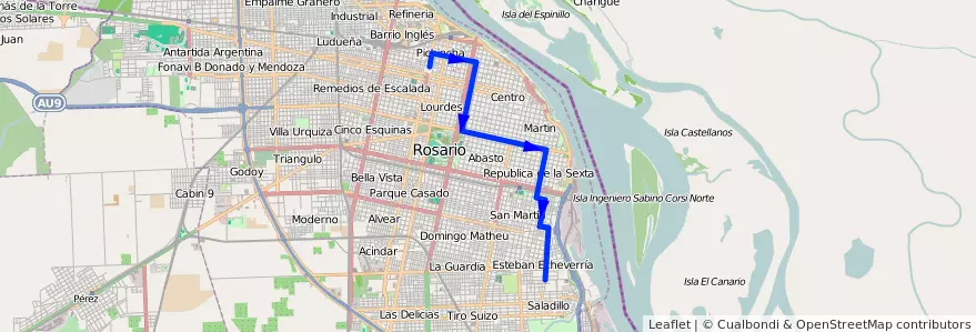 Mapa del recorrido  Negra de la línea 144 en Rosario.