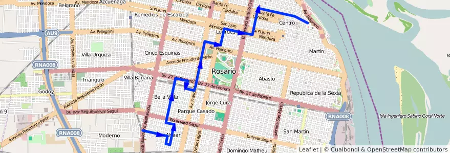 Mapa del recorrido  Negra de la línea 126 en Rosário.