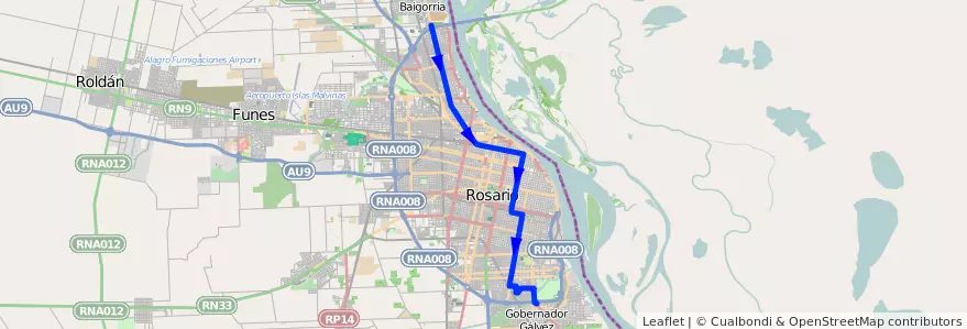 Mapa del recorrido  Negra de la línea 103 en Rosario.