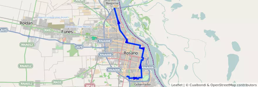 Mapa del recorrido  Negra de la línea 143 en ロサリオ.