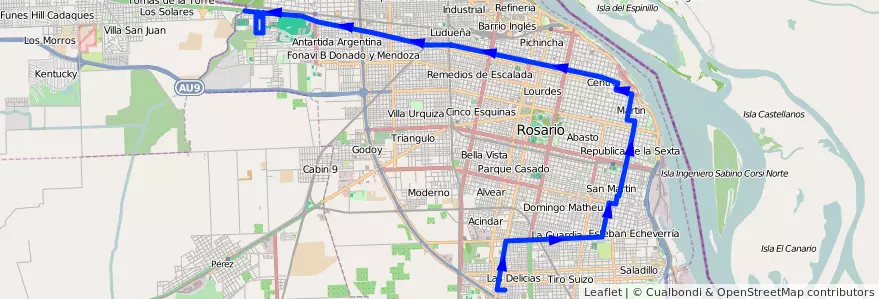 Mapa del recorrido  Negra de la línea 133 en Rosário.