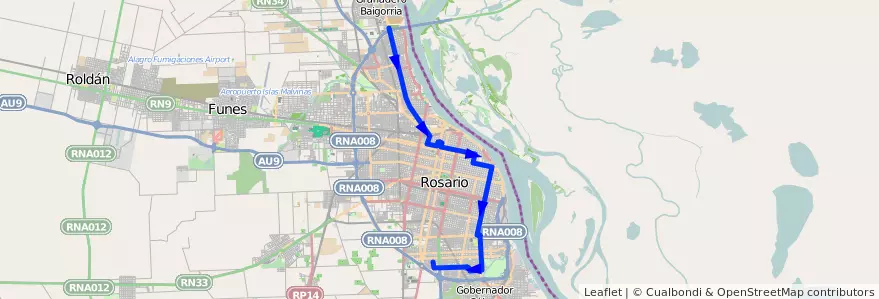 Mapa del recorrido  Negra de la línea 143 en Rosário.