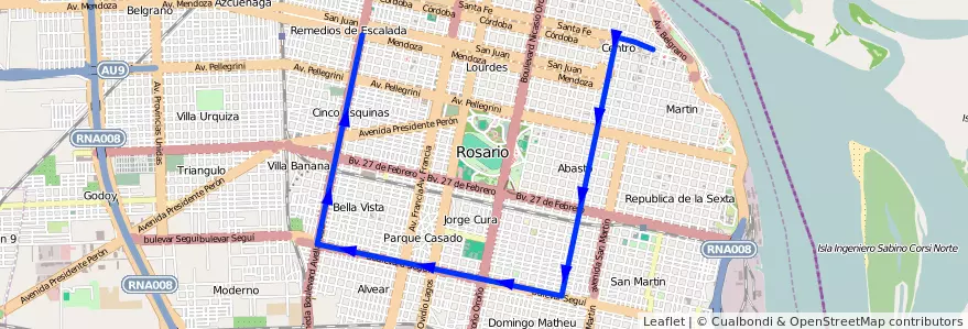 Mapa del recorrido  Negra de la línea 128 en Rosário.