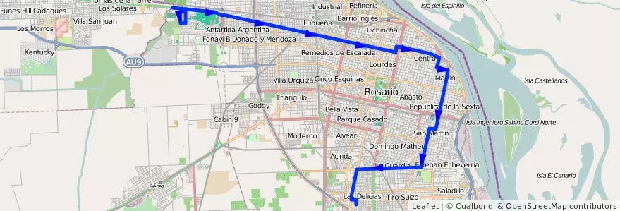 Mapa del recorrido  Negra de la línea 133 en Rosario.