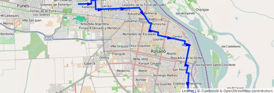 Mapa del recorrido  Negra de la línea 146 en Rosario.