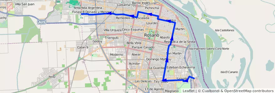 Mapa del recorrido  Negra de la línea 142 en Rosario.