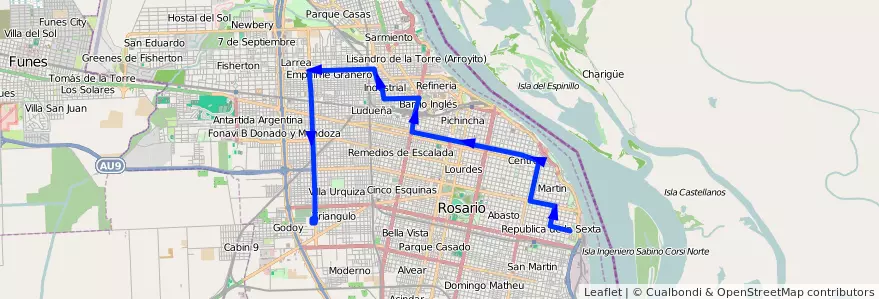Mapa del recorrido  Negra de la línea 101 en Rosario.